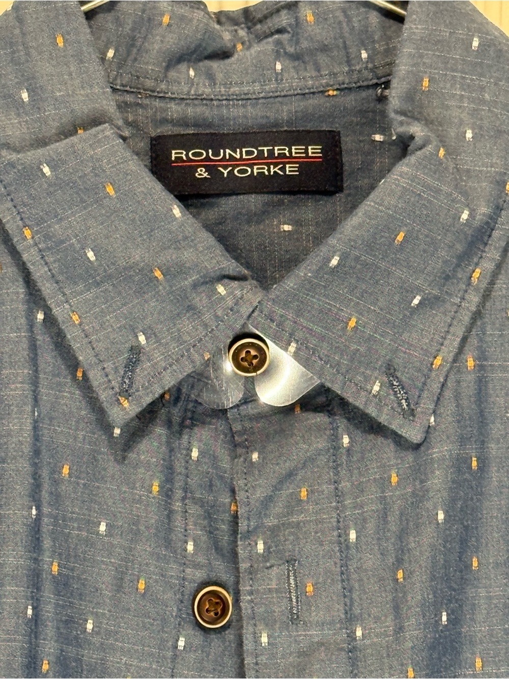 Roundtree & Yorke Blue Button-Down Shirt with Gold & White Dots